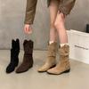 Coarse Heel Khaki Suede Pile Medium Knight Boots Women's Boots 2025 Autumn and Winter Pointed V-mouth Skinny Short Boots