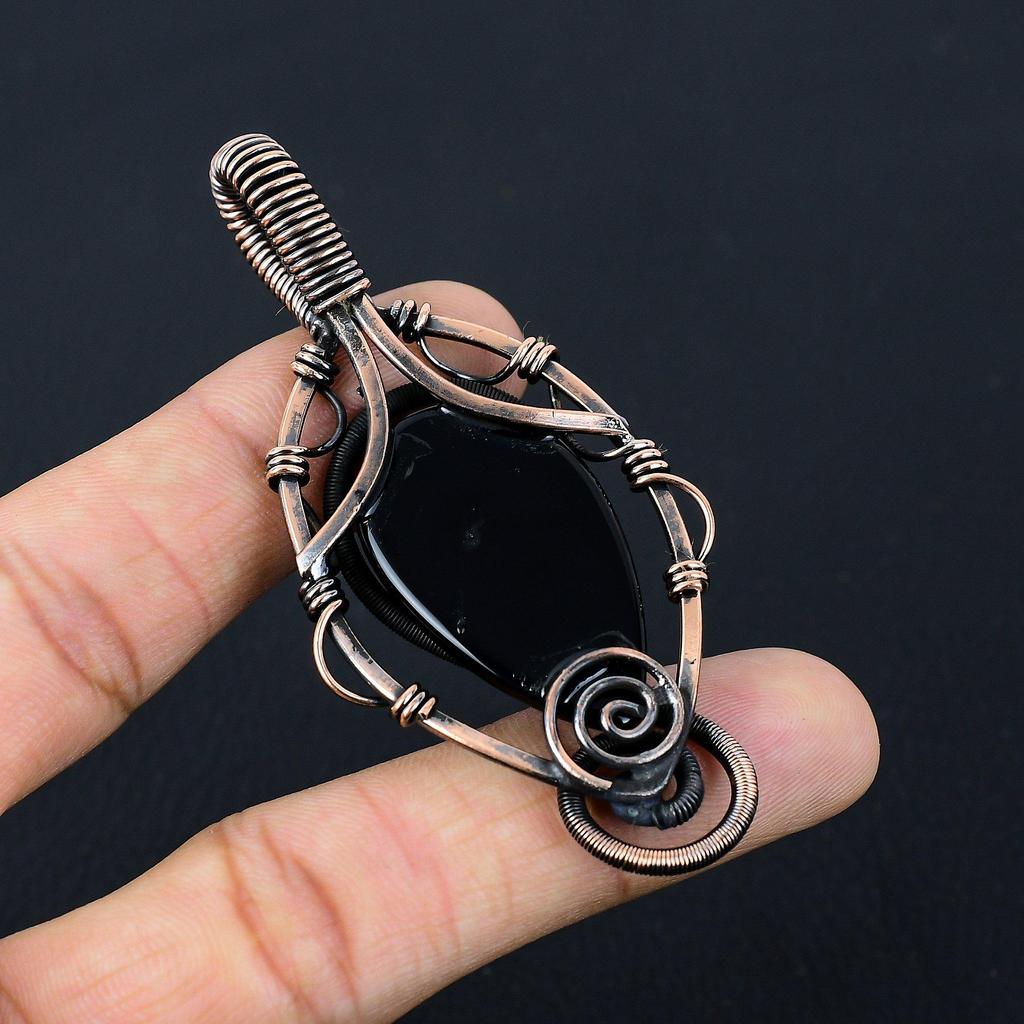 Кулон из черного оникса с драгоценным камнем из чистой медной проволоки, обернутый ювелирными изделиями ручной работы для новогоднего подарка