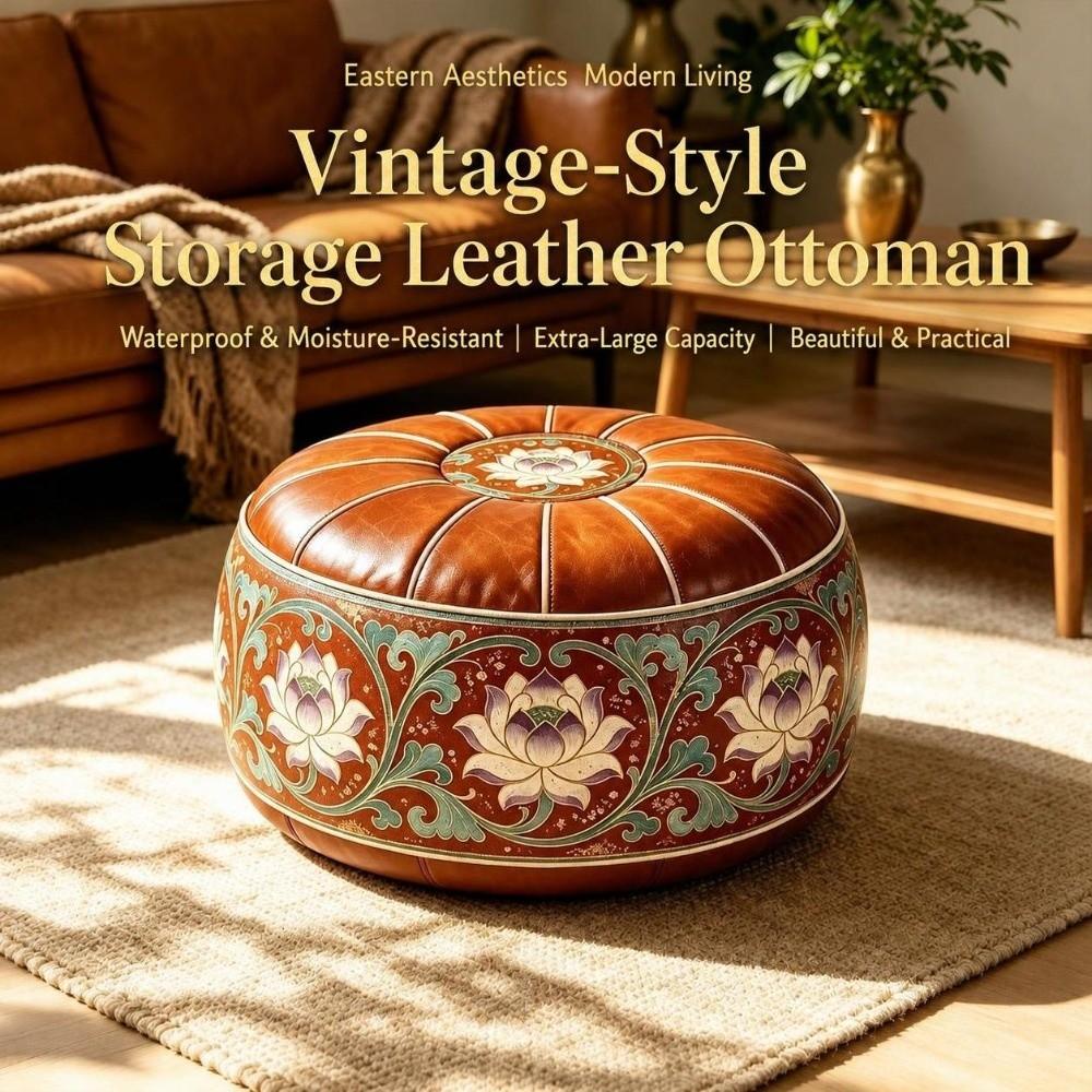 Embroidered Pattern Fillable Ottoman Pouf PU Leather Round Pouf Cover Floor Seat Cushion Home Use