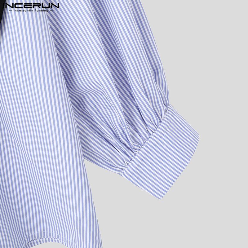 INCERUN Men V Neck Long Sleeve Front Cross Striped Patchwork Casual Irregular Shirts Tops