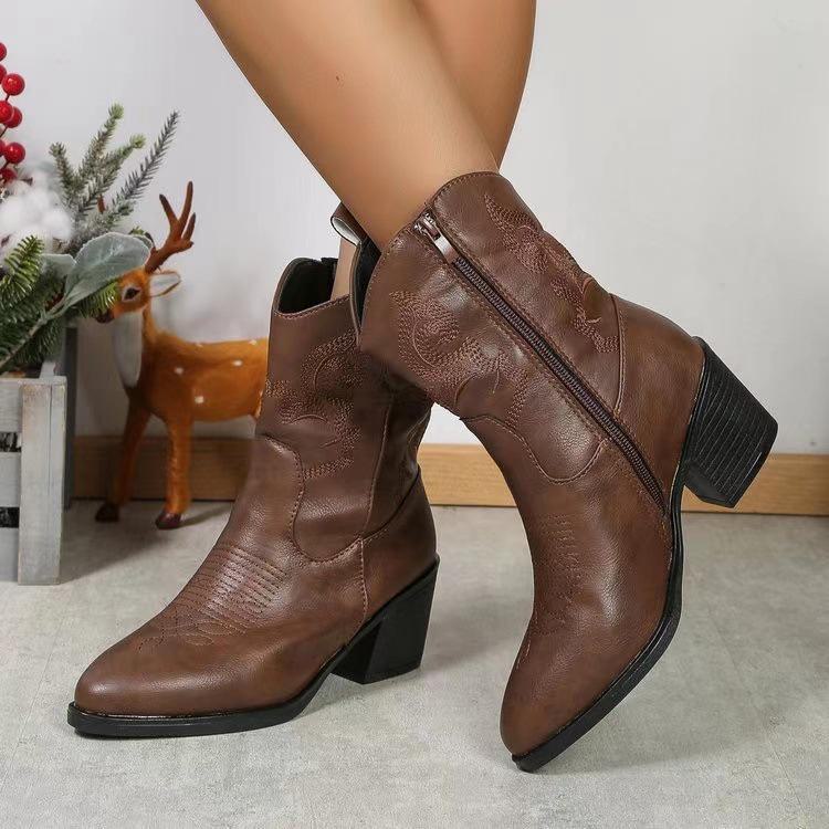 Женские кожаные сапоги большого размера с острым носком на толстом каблуке - осень/зима 2024 г., мягкая подошва, легкие и удобные