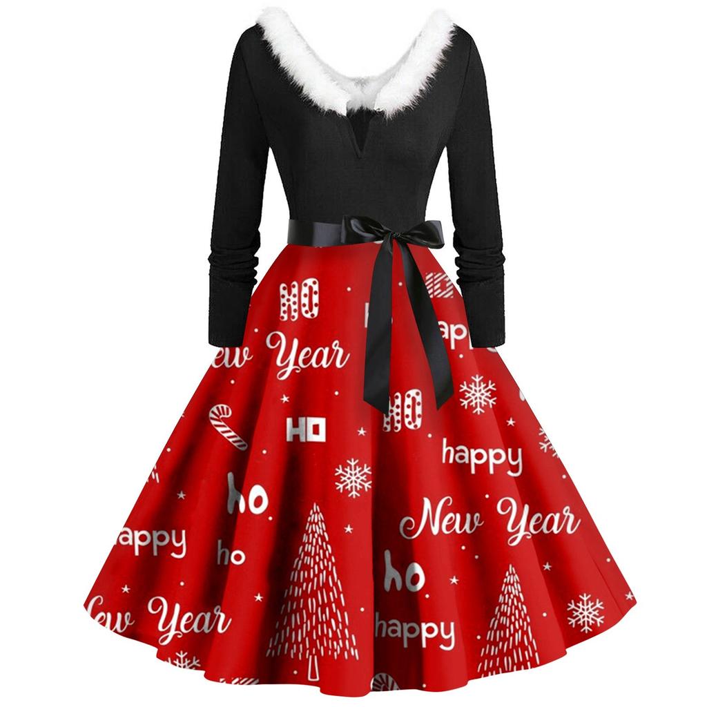 Женское винтажное платье с длинным рукавом и рождественским принтом в стиле 1950-х годов для вечеринки, выпускного вечера, для домохозяйки