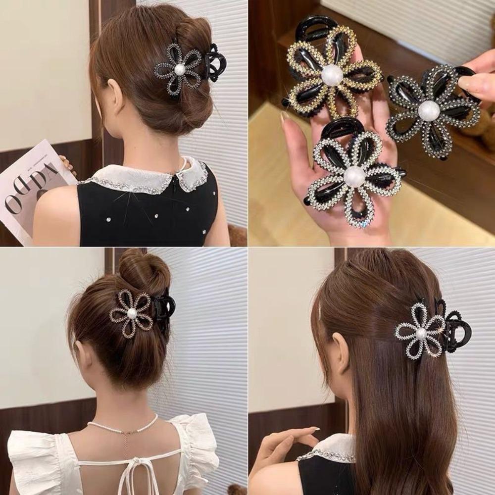 Zircon Flower Pearls Shark Clip Korean Style Shiny Hair Claw Rhinestone Shark Clip Daily
