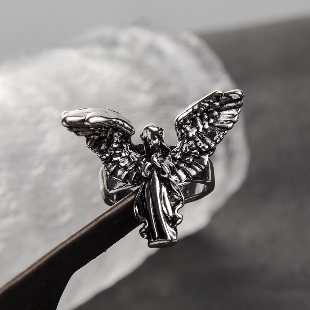 Gothic Vintage Distressed Angel Silver Color Ring Ancient Silver Punk Hip Hop Couple Rings Party Jewelry Gift Anillos Mujer