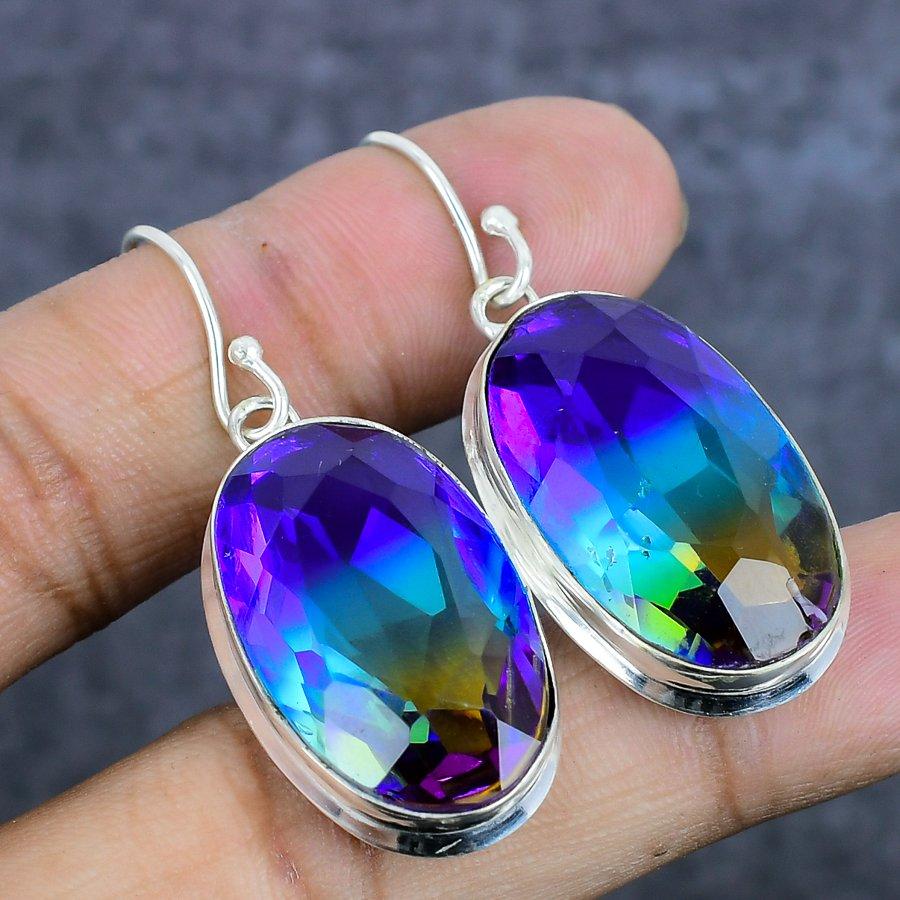 Bi-Color Tourmaline Gemstone Handmade 925 Sterling Silver Earring 1.89" H5d29