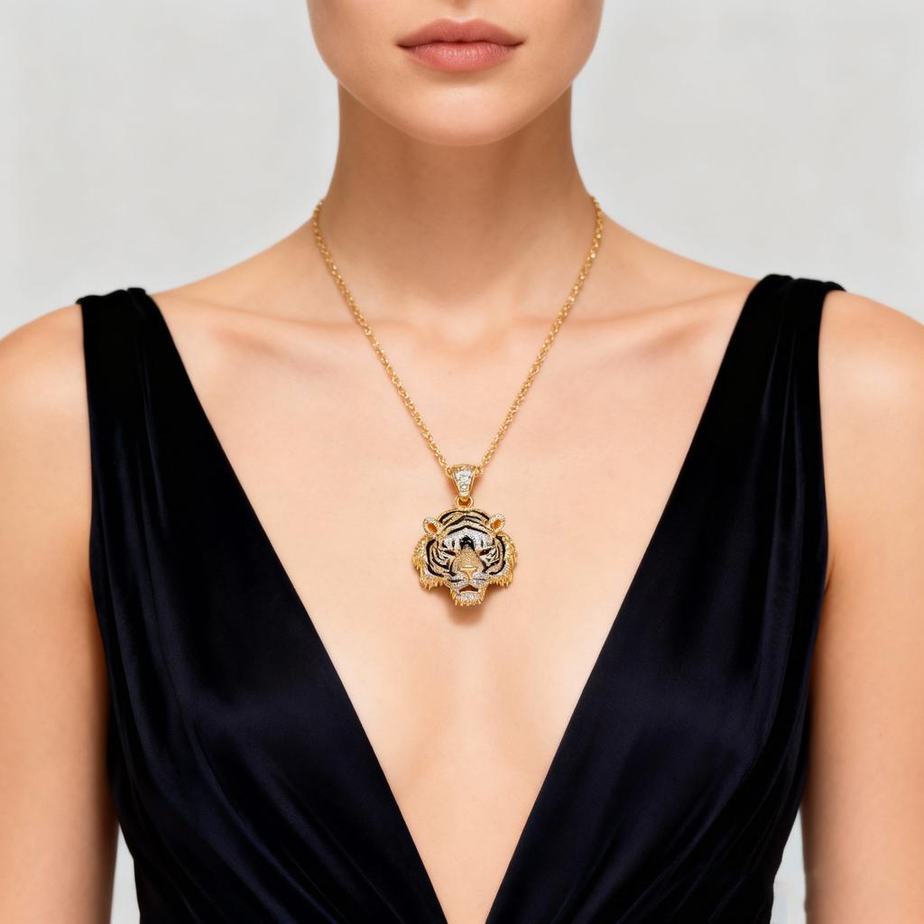 Luxury Gold Plated Copper Tiger Head Brooch, Full Paved CZ Crystal Animal Pin for Men Women Suit Accessory