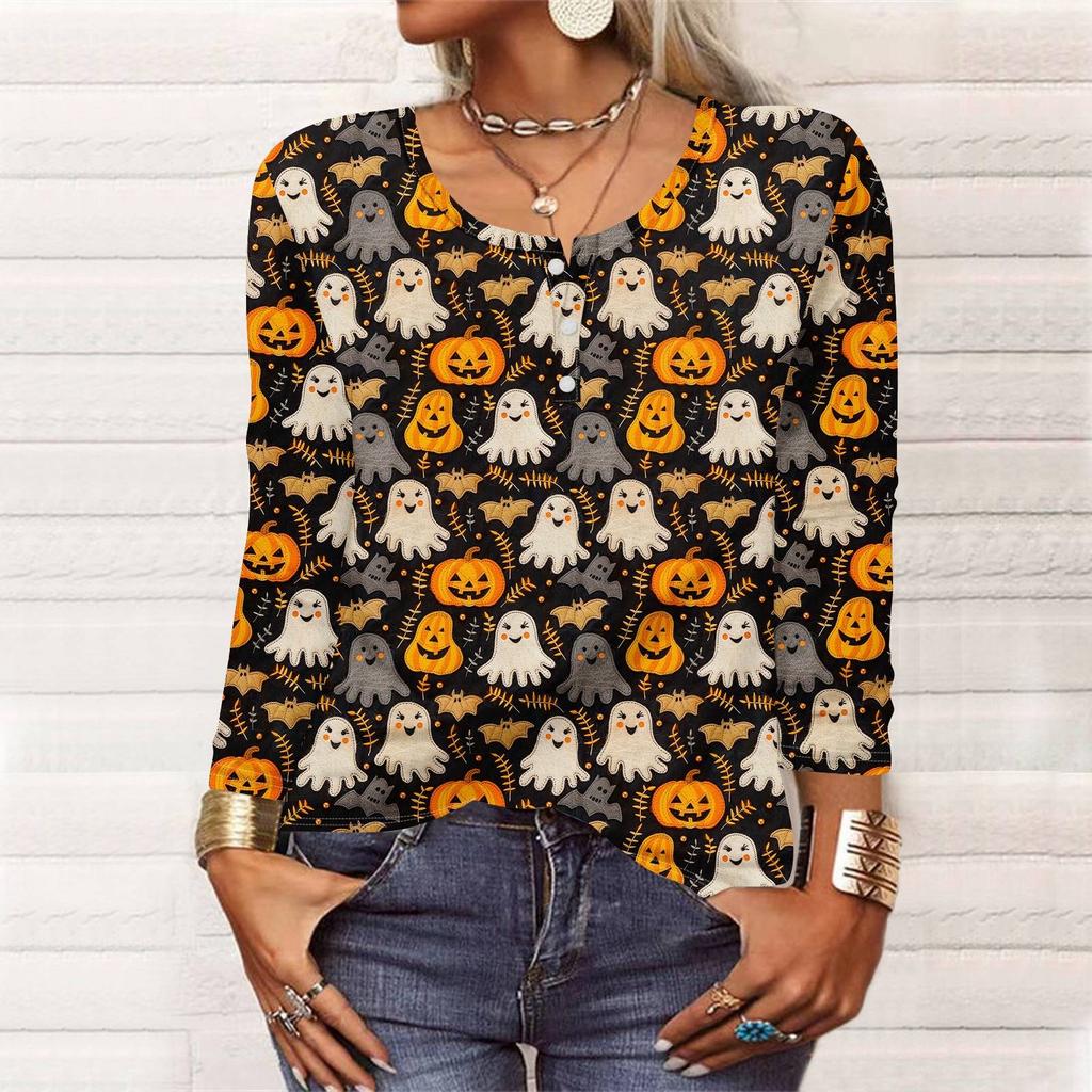 Рубашки с длинным рукавом для женщин, Хэллоуин с рисунком и графическим принтом, футболки, блузки, повседневные базовые топы больших размеров, пуловер