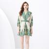 Spring Summer Women V-neck Lantern Sleeve Retro Print Dress Single Breasted Mini Short Party Dresses With Belt