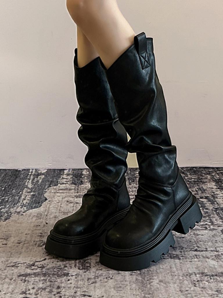 Retro Platform High Knight Boots for Women 2025 Spring and Autumn New Versatile Thick-heeled Knee-length Boots