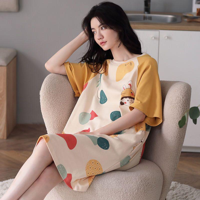 Пижамное платье, женское милое свободное и тонкое летнее пижамное платье из чистого хлопка с короткими рукавами, домашняя одежда