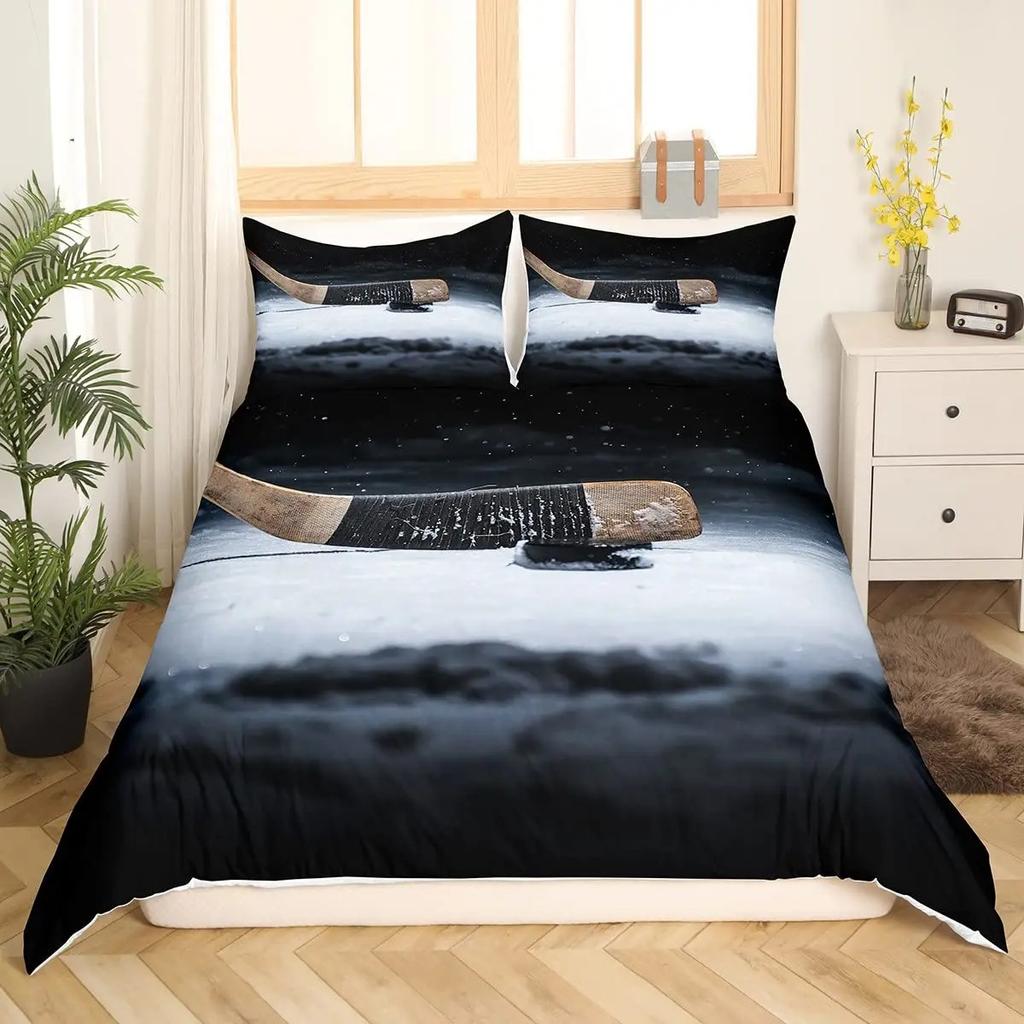 Ice Hockey Duvet Cover Helmet Skates Comforter Cover Winter Ice Sports Games Bedding Set for Boys Puck Hockey Player Quilt Cover