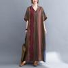 Summer Cotton Linen Print V-neck Loose Oversized Simple Vacation Style Beach Dress for Women
