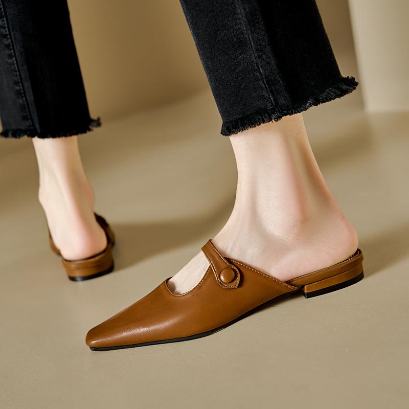 Мода 2025 Новые летние женские мюли из натуральной кожи, женская обувь с квадратным носком и массивным каблуком, туфли с закрытым носком, сандалии-слингбэки, шлепанцы