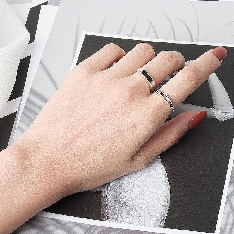 BFCLUB Silver Color New Simple Vintage Rings Retro Black Stone Opening Handmade Ring Fashion Fine Jewelry