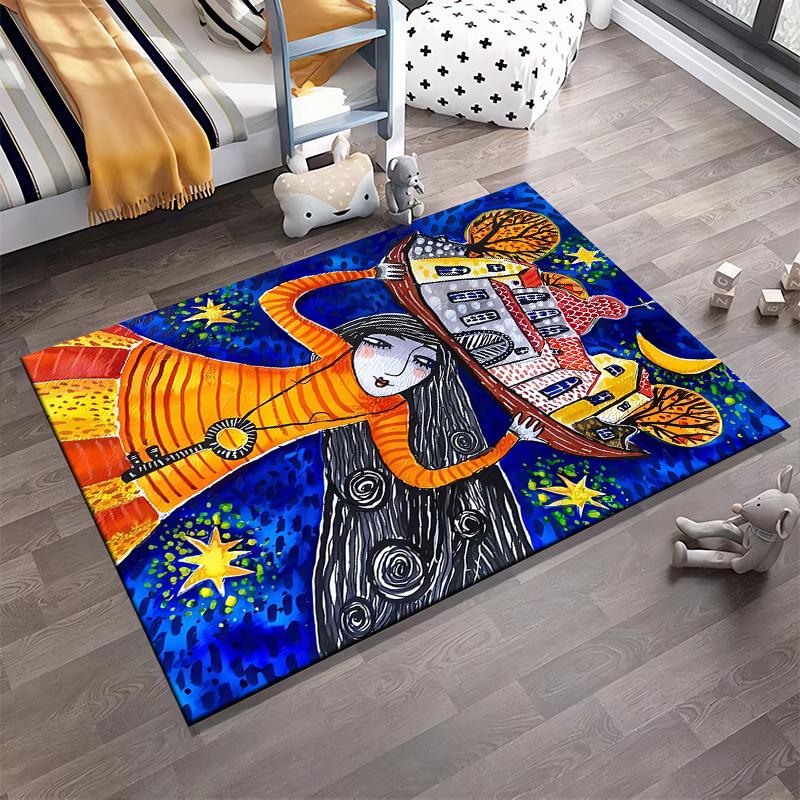 Colorful Abstract Art Carpet Featuring Woman Holding a House Scene Suitable for use as an anti-slip for living room bedroom sofas