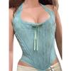 Women Lace Corset Halterneck Backless Zip-up Irregular Hem Solid Overbust Bustiers