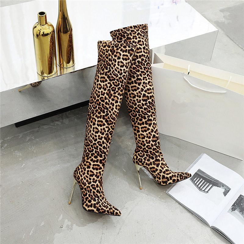 Женские сапоги на высоком каблуке, сексуальные сапоги в европейском и американском стиле, на тонком каблуке с острым носком и леопардовым принтом, большие размеры, эластичные сапоги