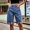 Women's High Waisted Distressed Bermuda Denim Shorts Knee Length Ripped Stretchy Jean Shorts with Pockets Frayed Hem Short Pants