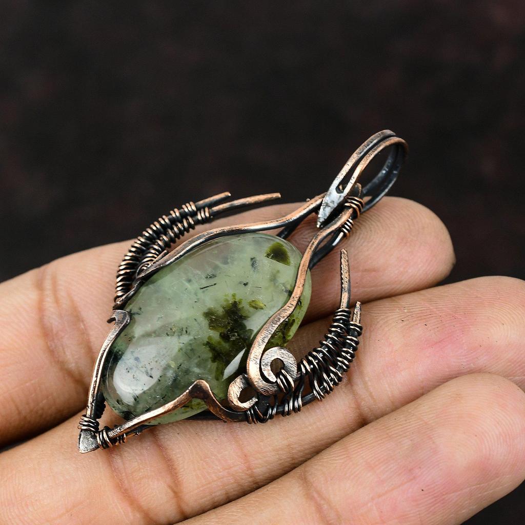 Кулон из мха-пренита, обернутый медной проволокой, кулон, ювелирные изделия из медной проволоки ручной работы, кулон в форме лица быка, ювелирные изделия из натурального драгоценного камня, подарок для нее