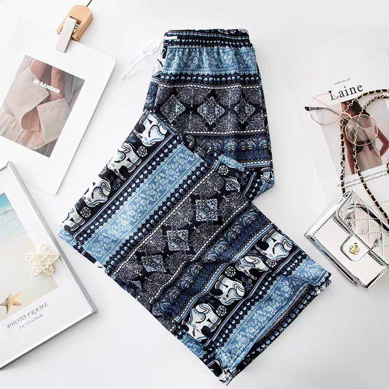 Southeast Asian Ethnic Style Women's Thai Elephant Wide-Leg Beach Pants, High Waist Slimming Straight-Leg Summer Pants.