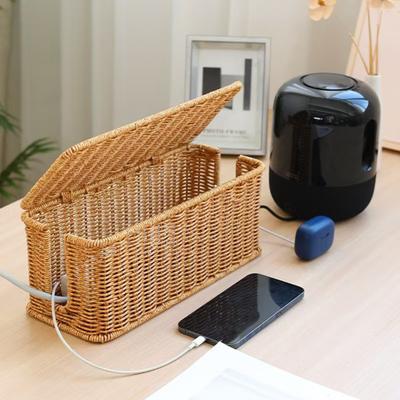 Коробка для укладки кабелей из ротанга, плетеная вручную корзина для органайзера шнуров с 2 слотами, скрытая коробка для шнуров питания большой емкости