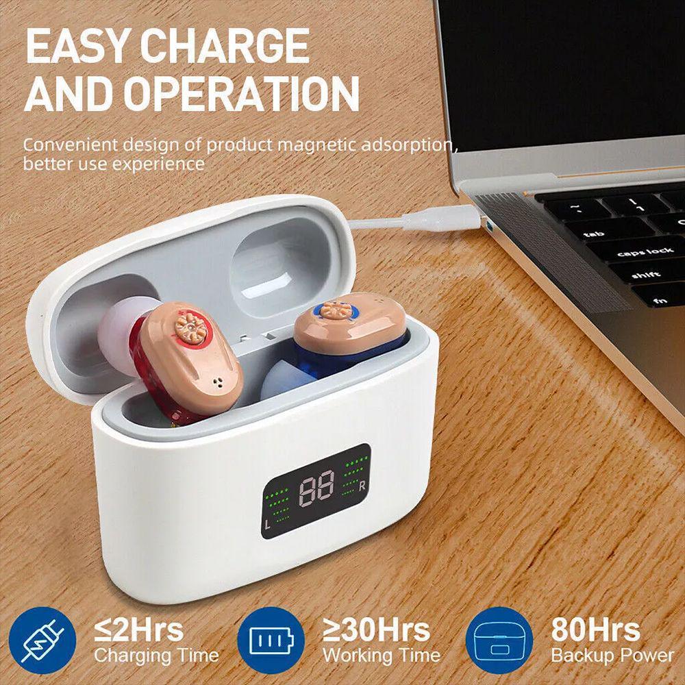 Слуховой аппарат TWS с цифровым дисплеем: Портативный внутриушной усилитель звука для пожилых людей с зарядным чехлом.