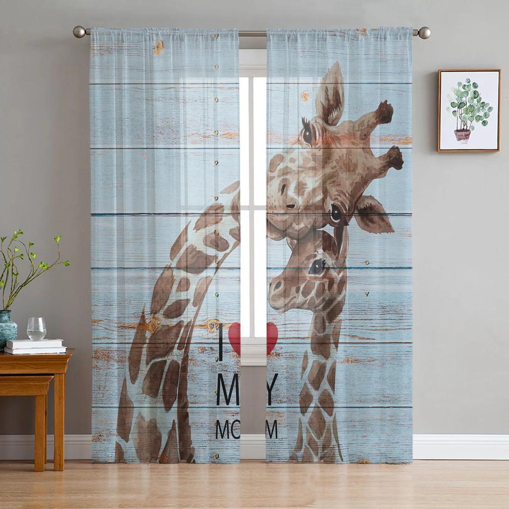 Giraffe Animal Oil Painting Tulle Curtains Balcony Room Fashion Printed Sheer Curtain Living Room Window Modern Decor