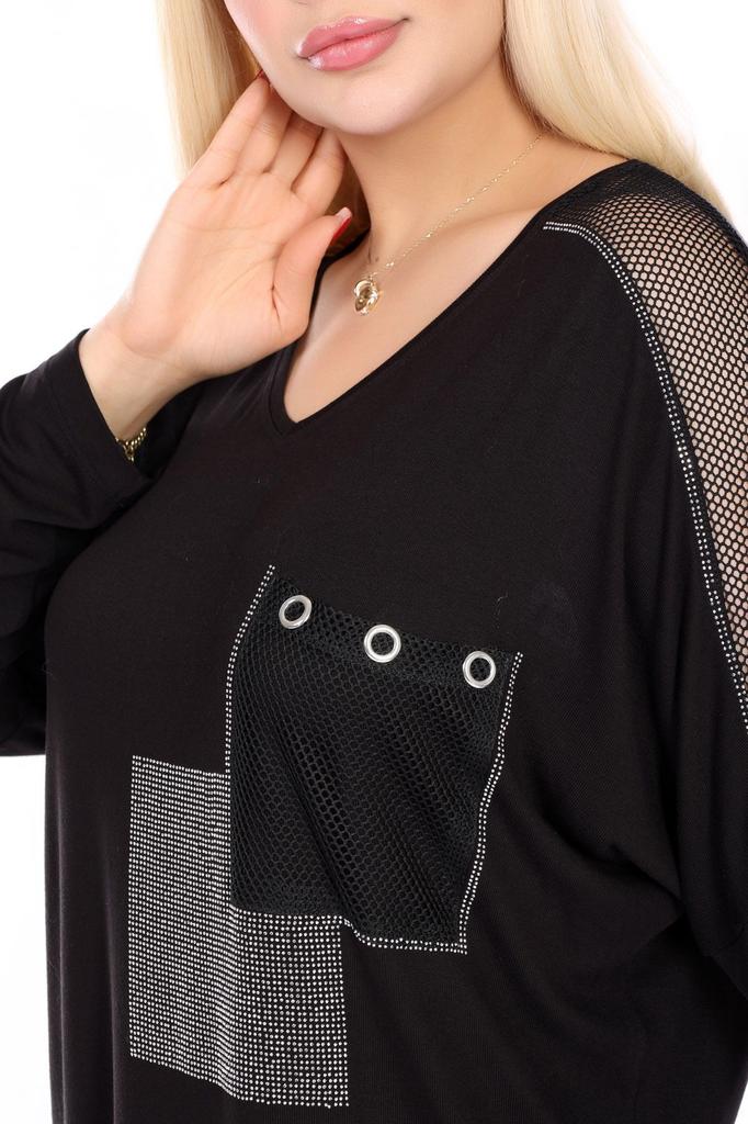 Женская блузка большого размера с v-образным вырезом, карманами и рукавами, сетчатая деталь, каменная вышивка, длинный рукав, удобная и струящаяся гибкая блузка