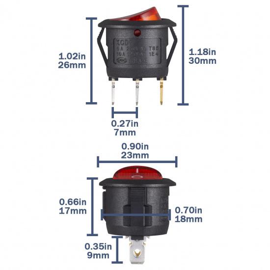 Round Rocker Switch Red Light Illuminated On Off 3 Pin 2 Position Mini Rocker Switch 125V 10A 250V 6A KCD1 Small Circle Toggle Switches For RV Car