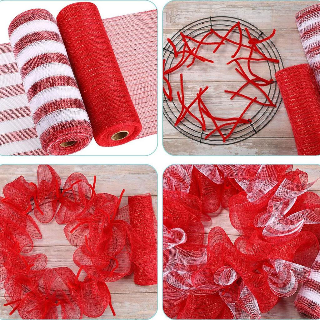 2 Rolls Decorative Mesh Ribbon Metallic Foil Mesh Rolls Christmas Mesh Ribbon for Christmas Tree Garland Craft Decorations