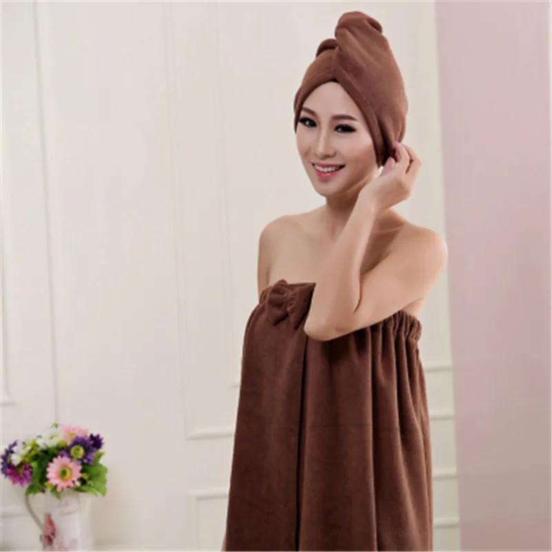 Женский модный однотонный комплект банных полотенец с милым бантом, быстросохнущее банное полотенце, спа-обертывания, шапочка для душа, халат, комплект аксессуаров