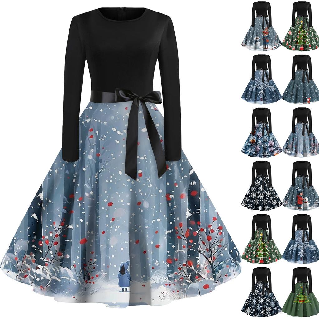 Women's Fashion Vintage Long Sleeve Round Neck Christmas Printed Evening Party Dresses Dresses