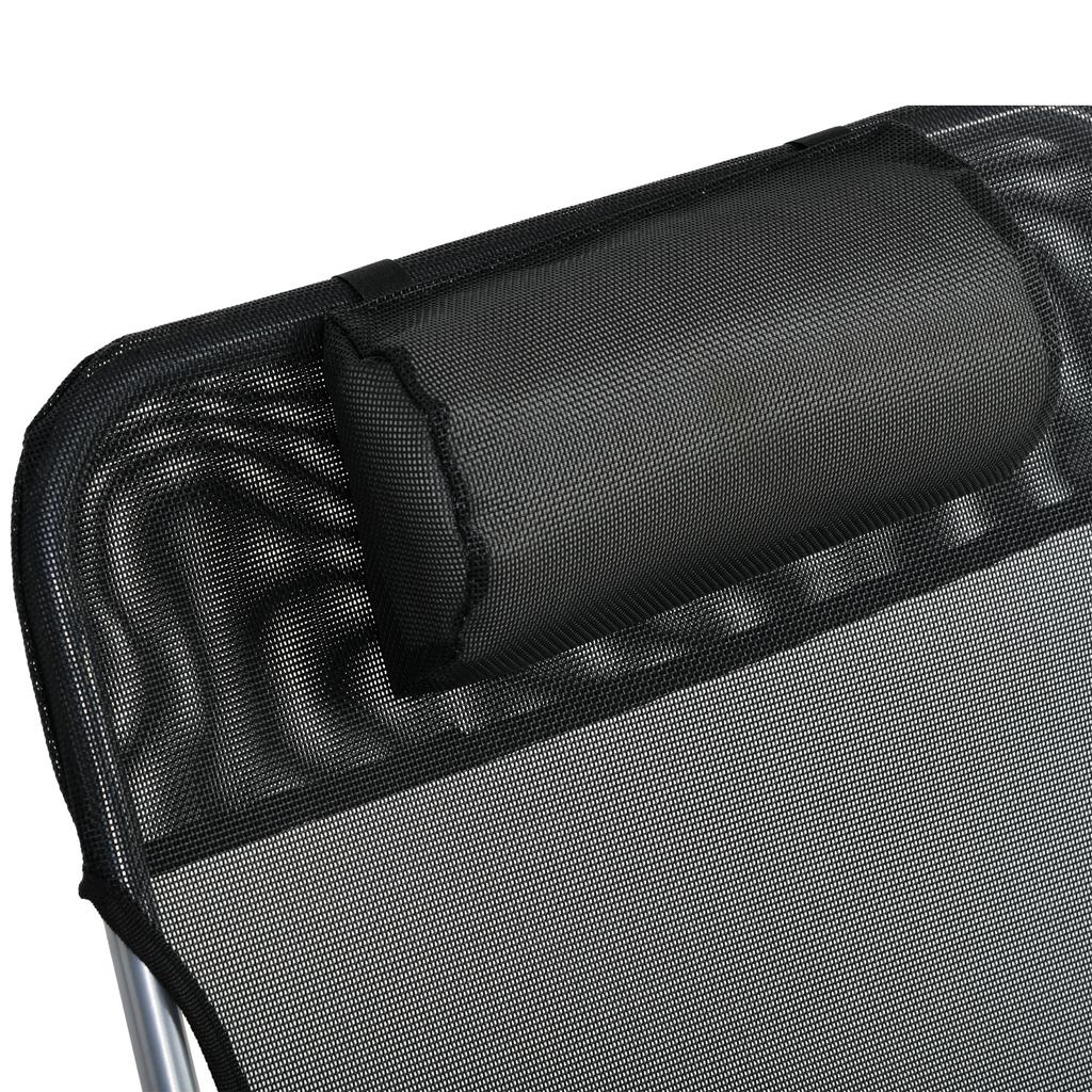 Folding Reclining Sun Lounger, Pillow, 5-Position Backrest, Black