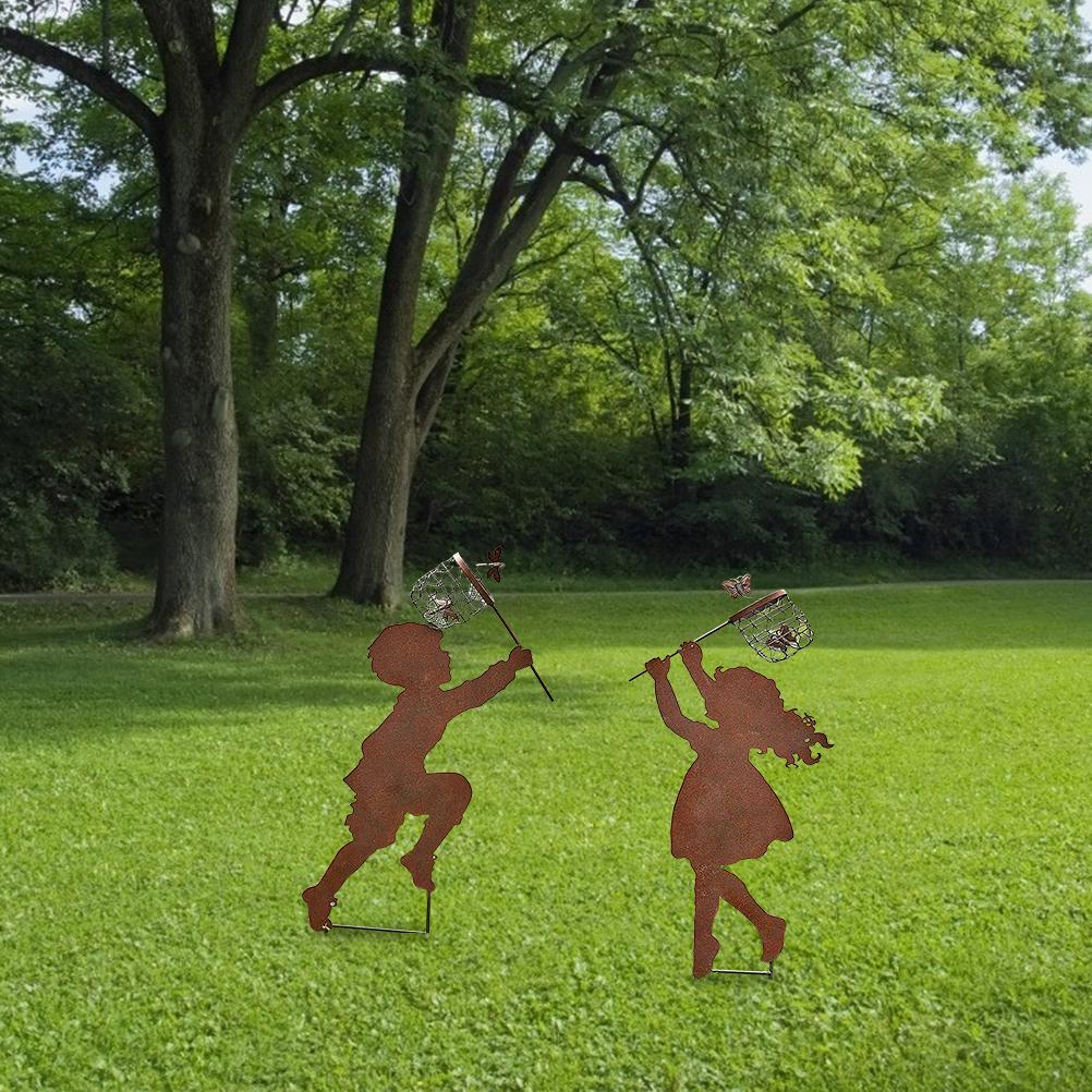 Детские силуэты, гоняющиеся друг за другом, Металлическая винтажная садовая силуэтная скульптура, Декор для двора, сада, Металлический колышек
