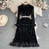 Balck Hepburn Sweet Style Women's Dress Flare Long Sleeve Diamond Stand Velvet High Waist A-line Dresses Autumn Winter Fashion Design Party Clothes
