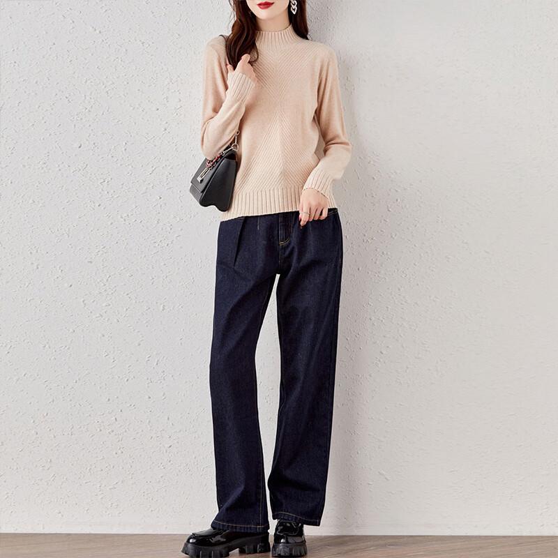 Hengyuanxiang Women's 100% Wool Semi-High Collar Jacquard Sweater