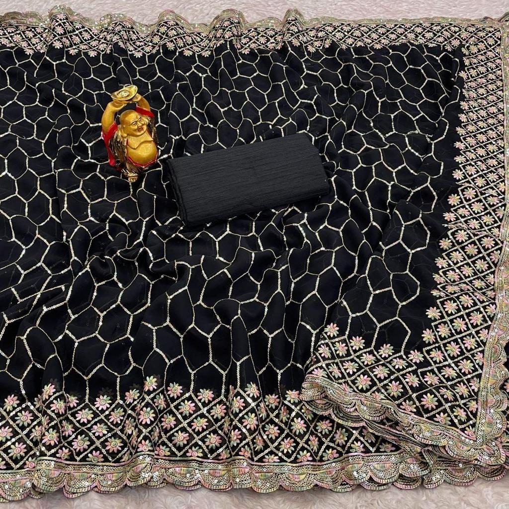 Faux Georgette Saree 3 Mm Seqwance Work and Multicolour Thread Work with Cut Work Border, Colar : 6