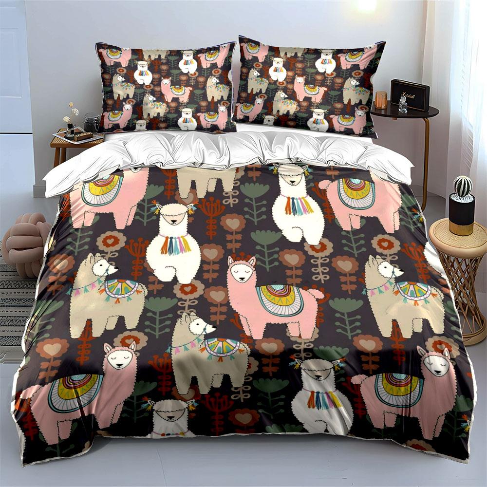 Colorful Llama Floral Bedding Set Bedding Duvet Cover Set Duvet Cover Pillowcases (1 * Duvet Cover 2 * Pillowcases, without duvet insert)