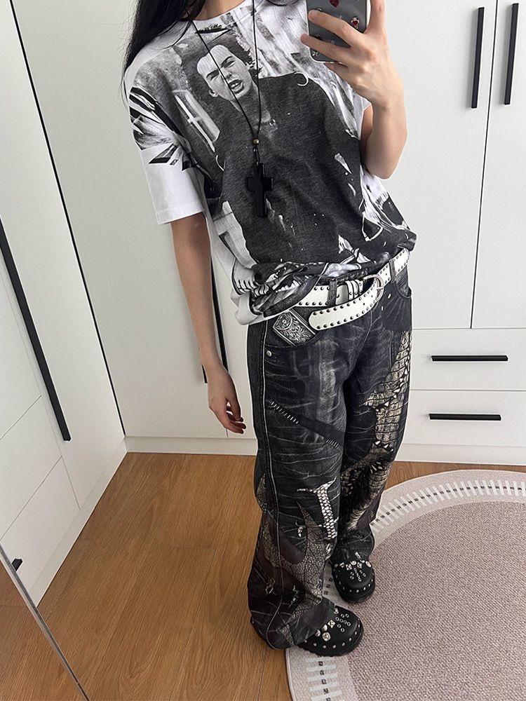 ZYLLO Американские Ретро Прямые Джинсы с Принтом Питон Y2K Мода Уличный Стиль Горячие Девушки Свободные Харадзюку Повседневные Джинсы с Высокой Посадкой и Широкими Штанинами