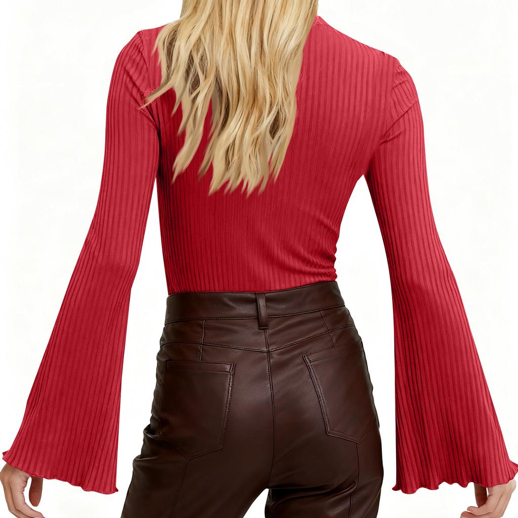 Женский модный однотонный топ с длинными рукавами-клеш