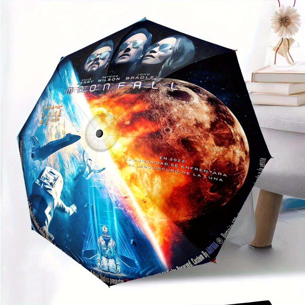 1pc Moonfall Pattern Print Automatic Folding Umbrella - Portable & Foldable Design with 8 Ribs, Durable Plastic/Iron Construct