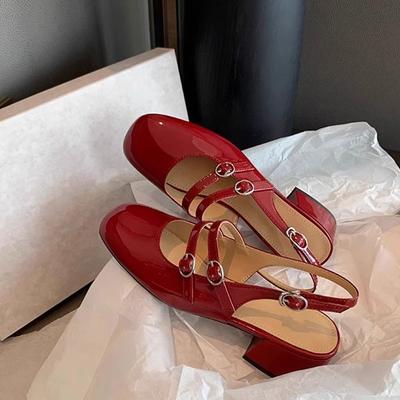 Босоножки Baotou женские 2024 года новые летние туфли на среднем каблуке с квадратным носком на французском толстом каблуке в стиле ретро красные свадебные туфли Мэри Джейн одинарные туфли