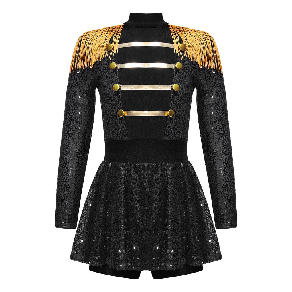 Girls Ringmaster Circus Costume Long Sleeve Tassel Epaulet Shiny Sequins Design Jumpsuit Dress