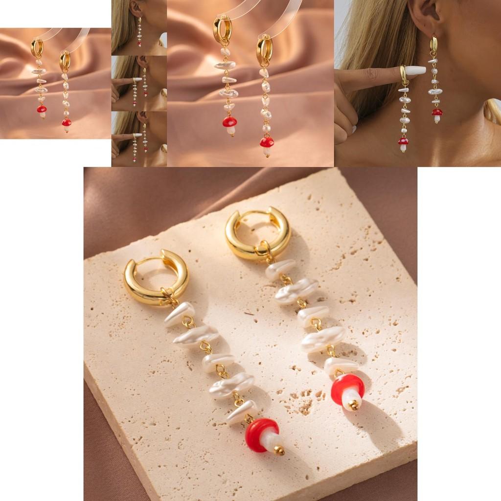 Long Tassel Earrings For Women With Geometric Faux Pearl Mushroom Design Trendy