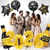 10 шт. 2026 Черно-золотой набор шаров «С Новым годом» Декор для атмосферы вечеринки в канун Нового года Алюминиевые шары в виде винной бутылки