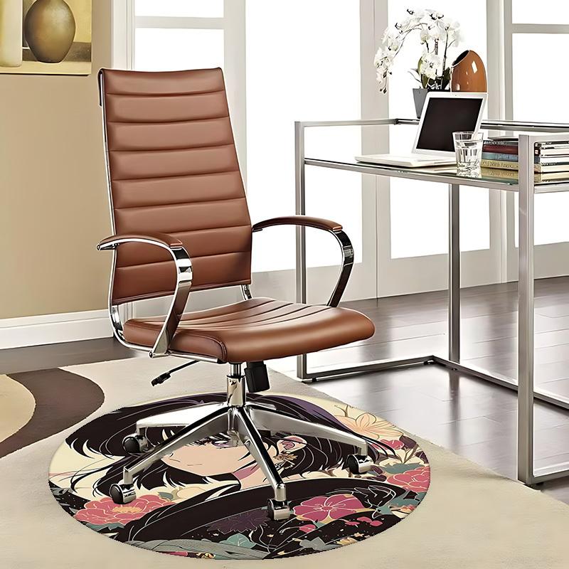 1pc Anime Design Round Carpet Floral Kimono Pattern Chair Mat for Office, Home Decor, Living Room, Bedroom