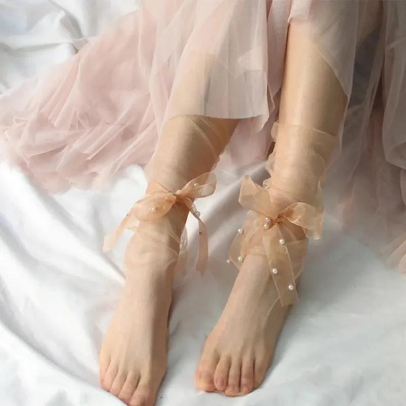 Summer Ultra-Thin Tulle Socks Women Transparent Pearls Long Socks Female Chiffon Lace Up Funny Socks Streetwear