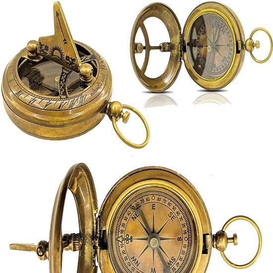 Brass Sundial Compass 5.08 Cm Push Button Face Open Compass Working Pocket Sundial Compass For Hiking Camping Indoor Outdoor.