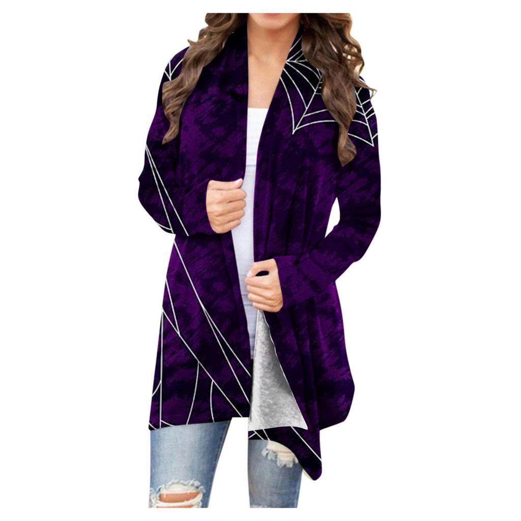 Женская модная повседневная куртка-кардиган средней длины с длинным рукавом и принтом на Хэллоуин