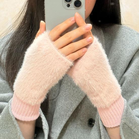 Женские перчатки без пальцев из искусственного меха с отверстием для большого пальца, полупалые перчатки, эластичные, теплые, зимние, для печати, письма, варежки